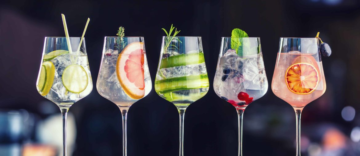 fancy gin and tonic selection drink alcohol cocktail craft fresh fruit spices mint glass bar