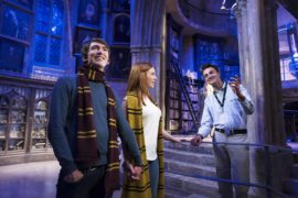 couple visiting a set on the harry potter studio tour