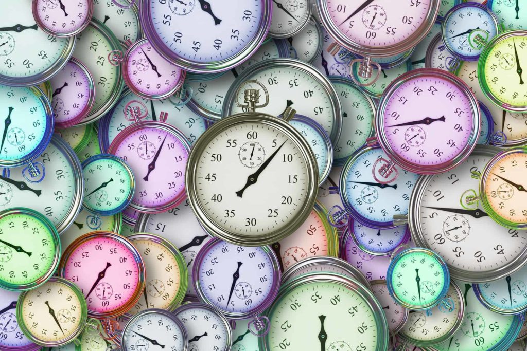 multicoloured clock faces
