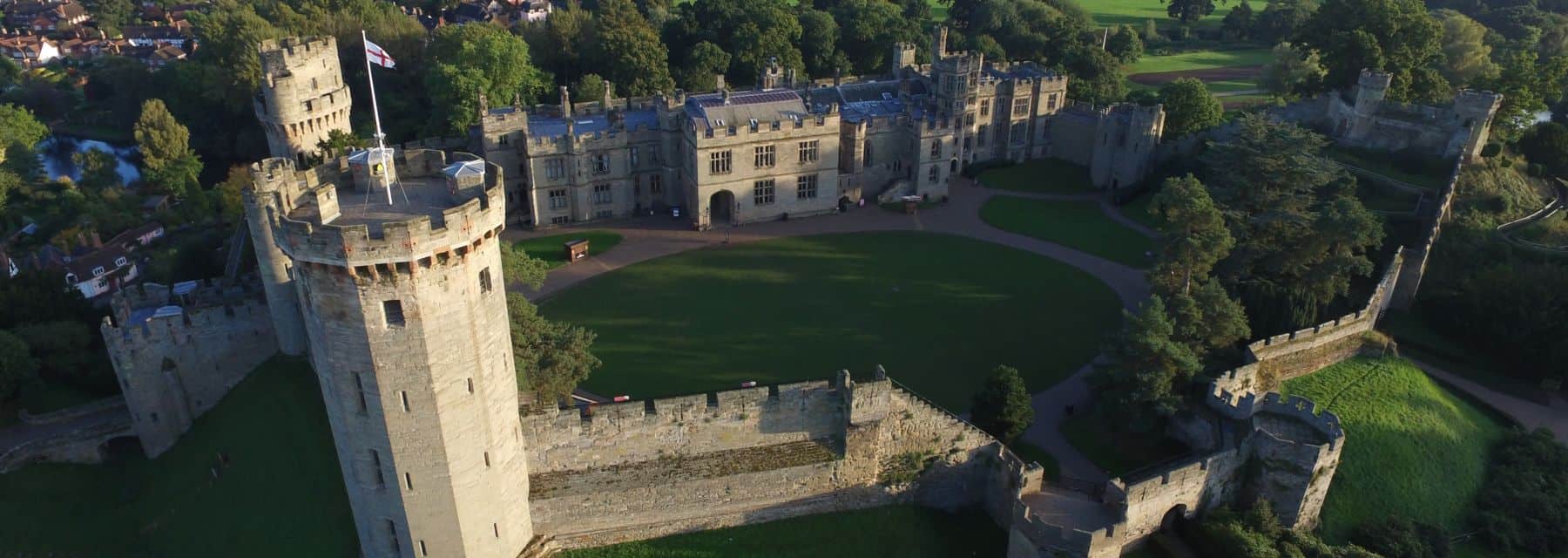 aerial view over warwick castle